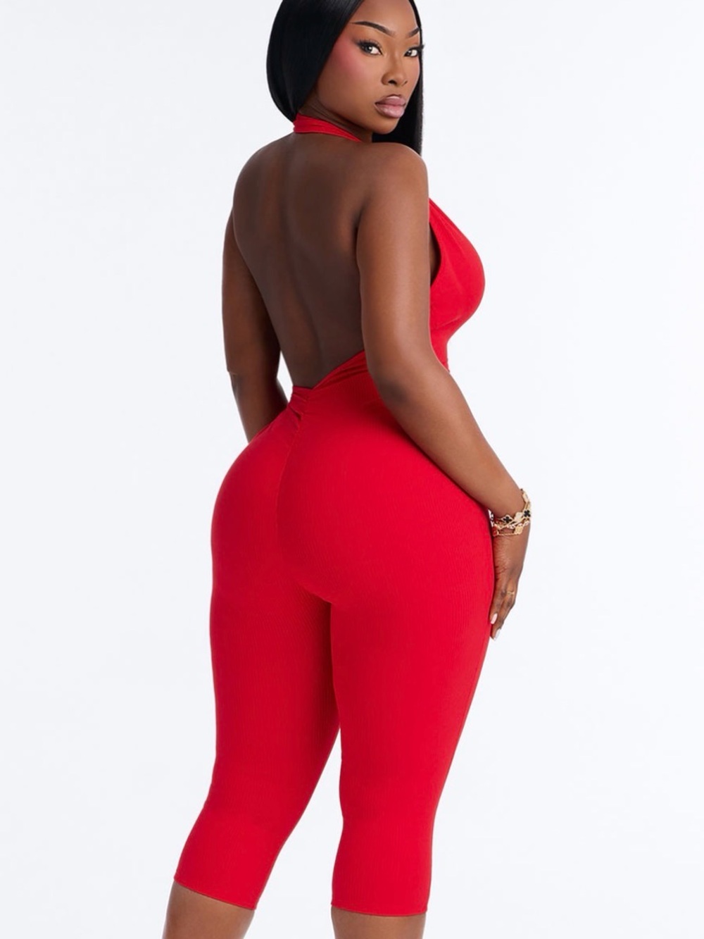 Fashion Nova Red Ribbed Halter Backless Jumpsuit Capri